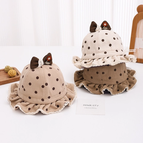 Cappello Da Pescatore Neonata Cotone Pois Fiocco Pizzo Bordo Arricciato Cappello Da Sole Con Cinturino Regolabile Stile Principessa Autunno