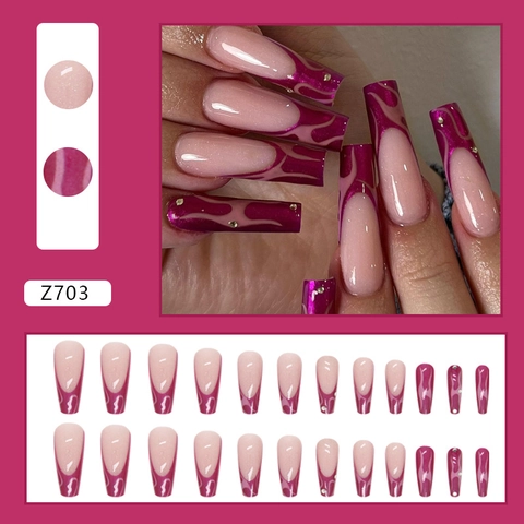 Ongles À Presser Long Cercueil Flamme Rose Rouge Métallique Motif Français Strass Paillettes Accessoire Manucure Pour Femmes