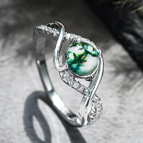 Round Moss Agate Ring Copper With Cubic Zirconia Infinity Twist Band Retro Elegant Jewelry For Women Engagement Gift