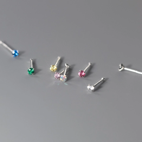 Stud Earrings With 925 Sterling Silver Earring Post Four Prong Round Colorful Cubic Zirconia Tiny Minimalist Jewelry