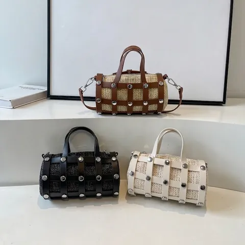 Woven Straw Barrel Bag With PU Leather Cage And Rivet Decor Cylindrical Crossbody Shoulder Handbag