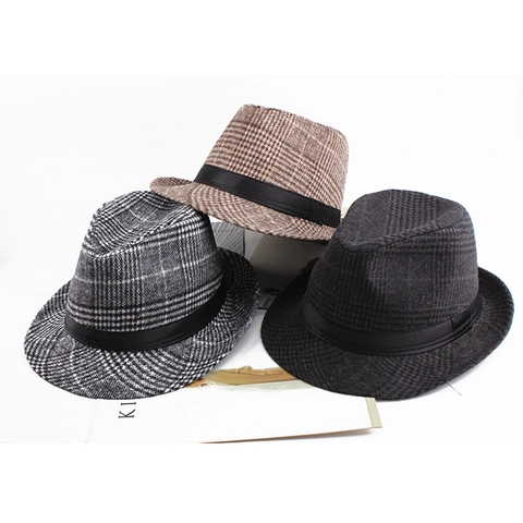 Vintage Herren Kariert Gestreift Fedora Hut Winter Warm Polyester Jazz Hut Mit Schwarzem Satinband Britischer Stil Gentleman Hut