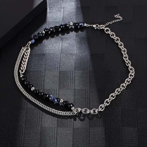 Hip Hop Splicing Necklace Titanium Steel Natural Stone Beads Double Layer Cuban Chain Minimalist Unisex Fashion Jewelry
