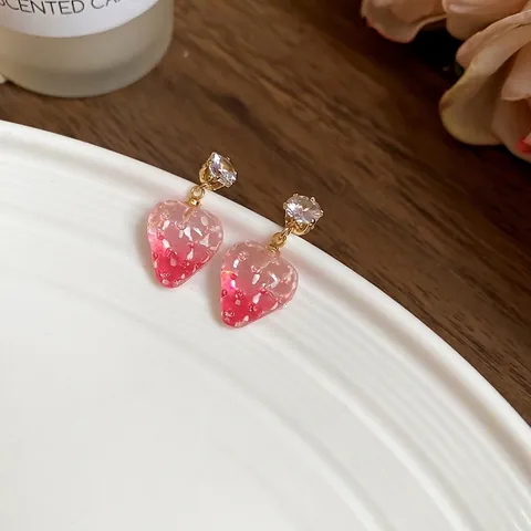 Aardbei Hangoorbellen Roze Gradiënt Met Zirkoon En 925 Sterling Zilveren Oorsteker Zoete Fruit Hars Sieraden Vrouwen
