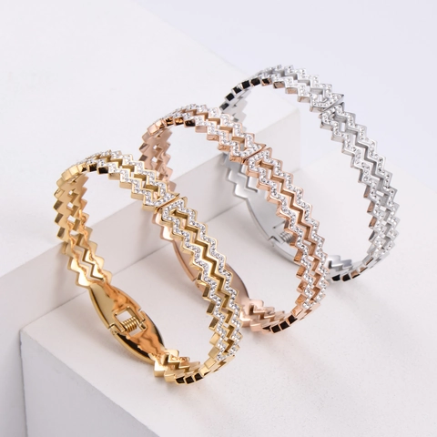 Zigzag Wave Bangle Bracelet 316 Stainless Steel Rhinestone Inlaid Modern Fashion Jewelry For Women