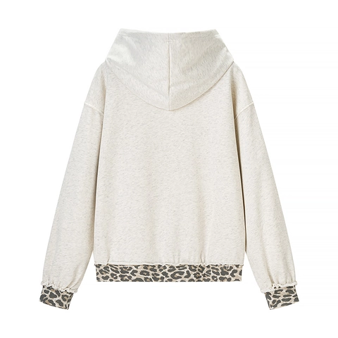 Women Hoodie Leopard Print Patchwork Distressed Ripped Long Sleeve Acrylic Casual Streetwear Pullover Sweatshirt