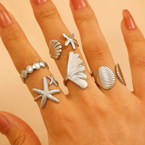Seestern Muschel Offene Ringe 18K Vergoldet Edelstahl Verstellbar Marine Strand Schmuck Vintage Damen