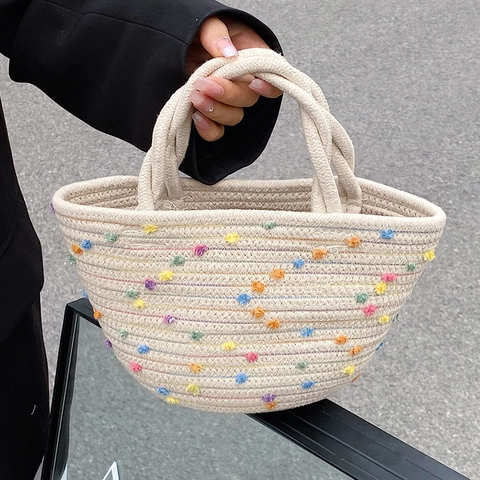 Women Handwoven Straw Bucket Handbag Bohemian Summer Beach Tote With Colorful Pompoms And Cotton Rope Handles Small Basket