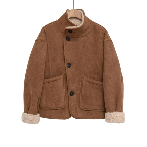 Giacca Corta Donna Ambra Contrasto Scamosciato Sintetico Lana Agnello Collo Alto Bottoni Cappotto Caldo