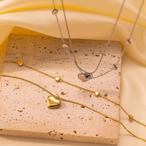 Collar De Capas Con Colgante De Corazón Chapado En Oro De 18K Acero Inoxidable Cadena De Serpiente Joyería