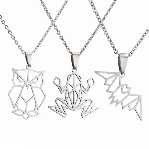 Geometric Animal Pendant Necklace Stainless Steel Hollow Origami Owl Frog Bat Hummingbird Minimalist Jewelry For Men Women