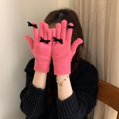 Guantes De Punto Mujer Invierno Cálido Pantalla Táctil Lazo Decoración Elegante Grueso Suave Térmico