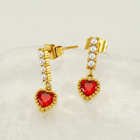 Orecchini Pendenti Cuore Acciaio Inossidabile Placcato Oro 18K Zirconia Cuore Perla Artificial Gioielli Vintage Francesi