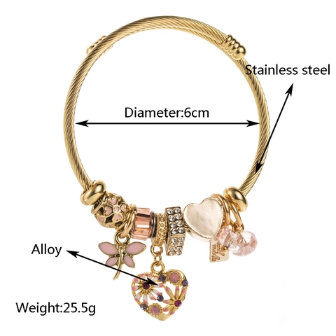 Stainless Steel Cable Charm Bracelet For Women With Alloy Heart Butterfly Enamel Dragonfly Rhinestone Beads Adjustable Bangle