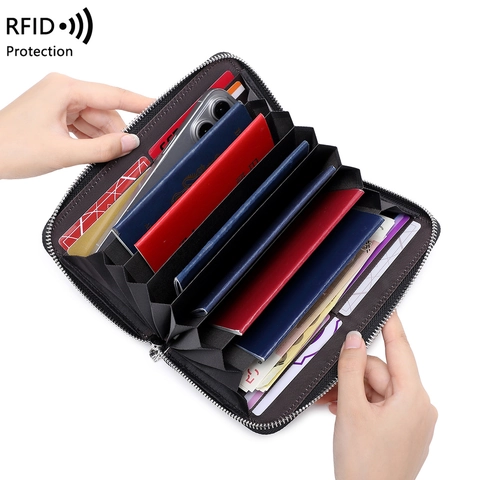 Portefeuille Long en Cuir de Vachette Véritable avec Protection RFID Femmes Grande Capacité Porte-Passeport Multi-Fentes Fermeture Éclair Pochette Téléphone