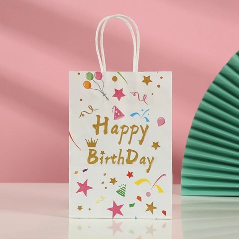 Happy Birthday Χάρτινη Τσάντα Δώρου Κραφτ Με Λαβή Κινουμένων Σχεδίων Μπαλόνι Χρυσή Εκτύπωση Πάρτι Τσάντα Για Παιδιά Και Ενήλικες