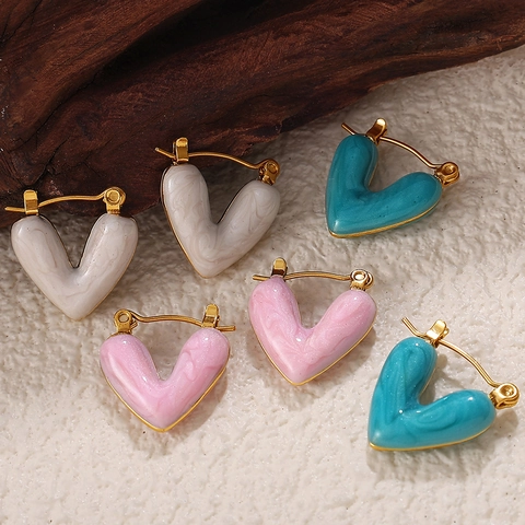 Orecchini A Cuore Acciaio Inossidabile Colorato Smalto Olio Stile Dolce Fantastico Pendenti Cerchi Gioielli Per Donne