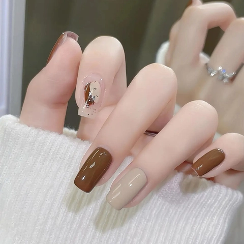 Coffee Brown Milk Tea Glossy Press On Nails Long Coffin Ballet Shape Marble Pattern Fall Winter Elegant Nail Art