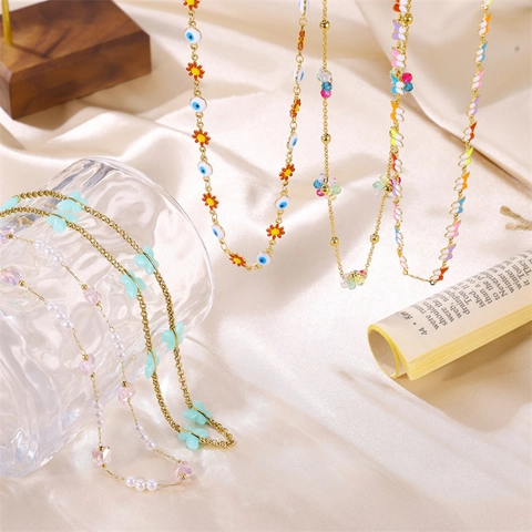 Butterfly Pendant Necklace Stainless Steel Enamel Daisy Evil Eye Flower Faux Artificial Pearl Jewelry For Women
