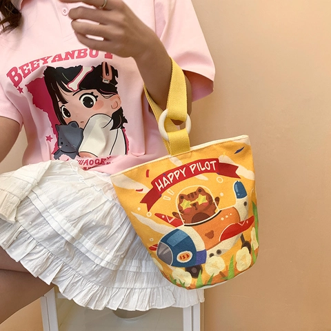 Leuke Cartoon Canvas Emmer Tas Draagbare Mini Handtas Met Houten Ring Handvat Voor Vrouwen Studenten Dagelijks