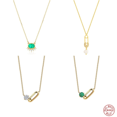 Collana In Argento Sterling 925 Placcato Oro Zirconia Pietra Verde Smeraldo Perla Artificial Spilla Da Balia Ciondolo Geometrico Per Donna Elegante