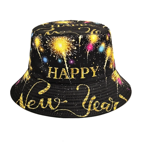 Chapeau Bob Réversible Imprimé Feu D'artifice Nouvel An Protection Solaire Polyester Rétro Accessoire De Fête Homme Femme