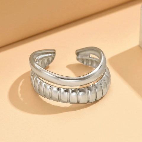 Double Layer Stainless Steel Ring Ribbed Texture Shell Design Adjustable Open Ring Elegant Minimalist Jewelry For Women