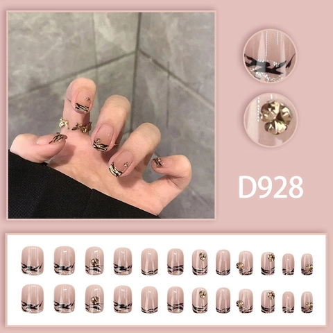 French Zebra Print Press On Nails Nude Pink Square False Nails With Rhinestones And Glitter Sweet Cool Style For Women