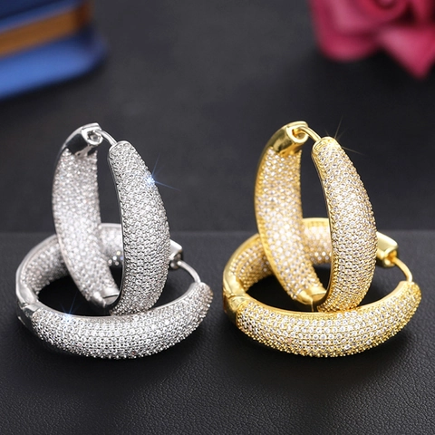Pave Set Cubic Zirconia Chunky Hoop Earrings Copper Shiny Luxury Sparkling Round Design Formal Jewelry For Women