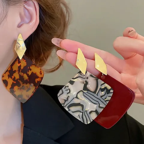 Pendientes Colgantes Rombo Geométrico Acetato Carey Retro Cobre Mujer Con Poste De Pendiente De Plata 925