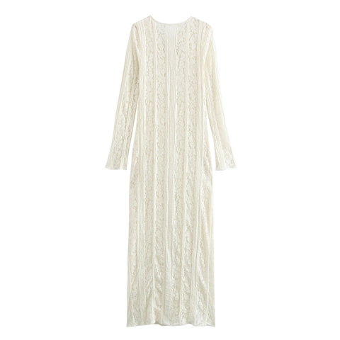 Damen Sexy Französisches Spitze Maxikleid V-Ausschnitt Schnürung Schlank Langarm Hohl Polyester Elegant Off-White