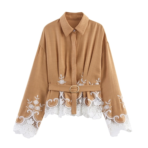 Women Elegant Long Sleeve Blouse With Belt Lace Patchwork Embroidery Turn Down Collar Solid Color Commute Top