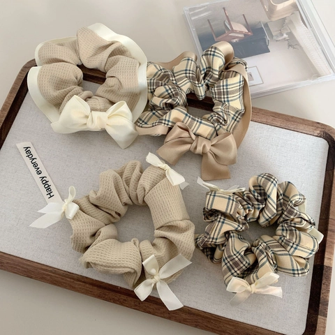 Vintage Waffle Knit Bow Scrunchies Checkered Fabric Hair Ties High Elastic Ponytail Holder French Style Women Elegant Headwear