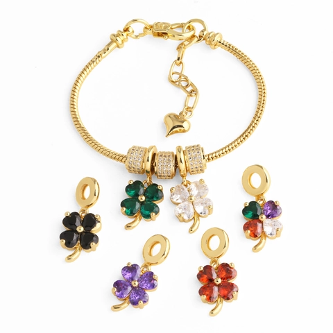 Clover Pendant Bracelet Copper Gold Plated With Colorful Zircon Charms Snake Bone Chain For Women Fashion DIY