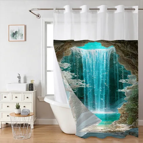 Rideau De Douche Sans Crochet Double Couche Tissu Gaufre Doublure Amovible Imperméable Fond Magnétique Fenêtre Maillée