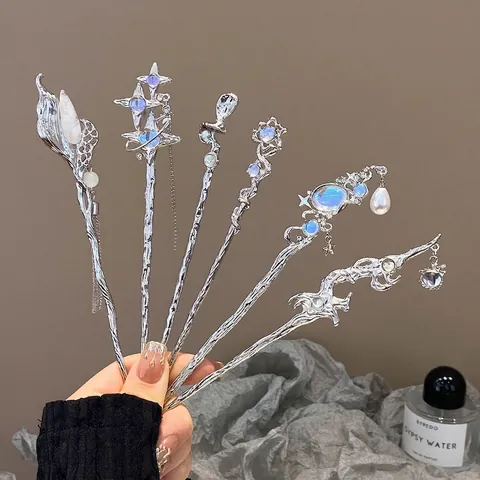 Starry Sky Moonstone Hair Stick Alloy Hairpin With Tassel Star Moon And Faux Artificial Pearl Retro Chinese Style Elegant Accessory