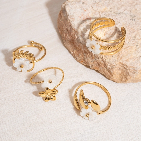 Flower Open Ring 18K Gold Plated Stainless Steel Shell Floral Adjustable Finger Jewelry Chic Summer Vacation Gift For Women