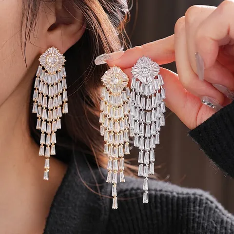 Long Tassel Drop Earrings With Zircon And Silver Earring Post Geometric Luxury Wedding Party Jewelry For Women
