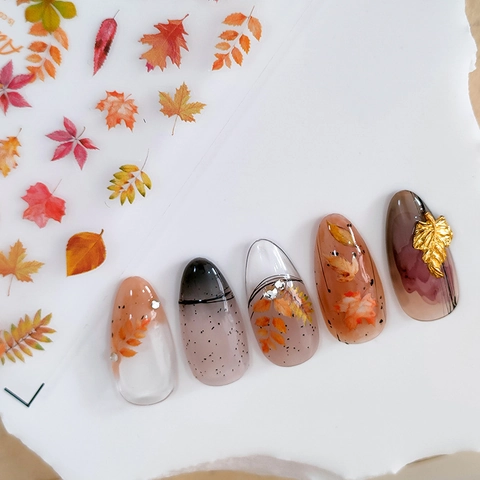 5D Embossed Nail Art Stickers Autumn Maple Leaf Design Ultra Thin Self Adhesive PET DIY Manicure Decoration