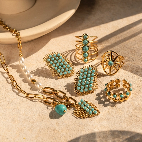 Turquoise Stainless Steel Ring 18K Gold Plated Geometric Retro Bohemian Style Women Jewelry