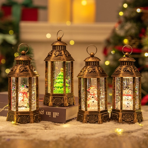 Christmas Snow Globe Lantern Retro Antique Bronze LED Light Glitter Water Swirling Desktop Decoration Holiday Gift
