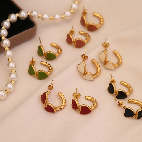 Orecchini In Acciaio Inossidabile A Forma Di C Con Cuore Smalto Stile Vintage Francese Per Donna Placcati In Oro Eleganti