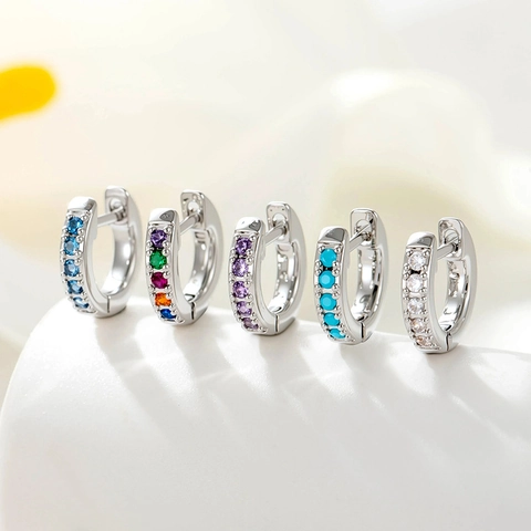 Copper Cubic Zirconia Huggie Hoop Earrings Colorful Mini Dainty Small Round Pierced Jewelry For Women