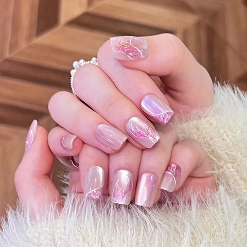 Handmade Pink Mermaid Tail Press On Nails Cat Eye Luster Reusable Full Cover False Nail Tips Sweet Style For Women