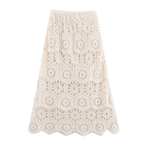 Jupe Crochet Femme Ajourée Tricot Longue Taille Élastique Vacances Plage Bohème Crème