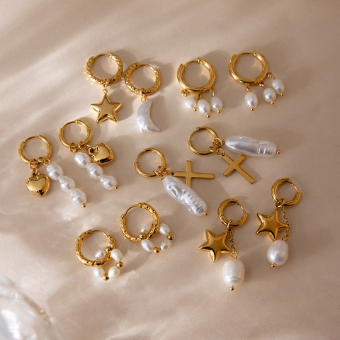 Orecchini Pendenti con Perla Artificiale Barocca in Acciaio Inossidabile Placcato Oro Stella Luna Croce Cuore Donna Gioielli