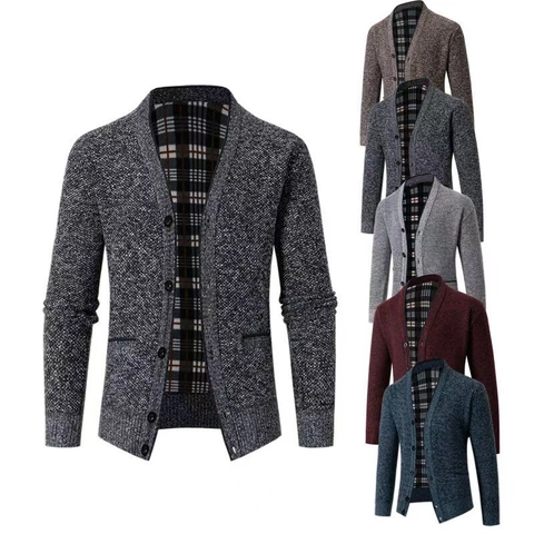 Herren Polyester Strickjacke Cardigan Pullover V-Ausschnitt Knopfleiste Karo-Futter Langarm Lässig Slim Fit Taschen