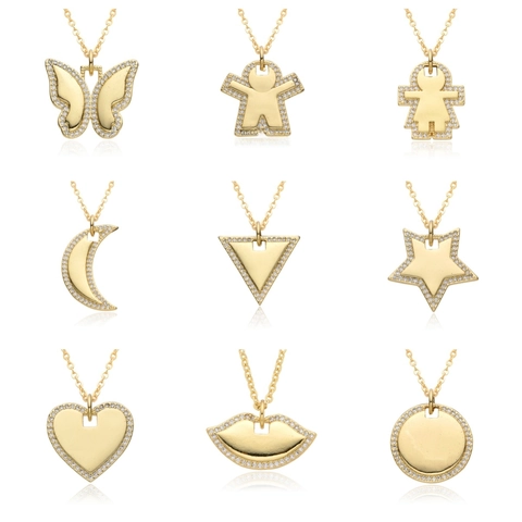 Collar de Pendiente de Cobre y Strass Minimalista para Mujer Corazón Irregular Mariposa Luna Labios Estrella Forma Oro Chapado Joyería de Moda