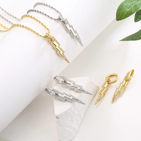 Bliksem Hanger Ketting En Oorbellen Set Roestvrij Staal Twist Ketting Micro Pave Zirconia Sieraden Voor Dames