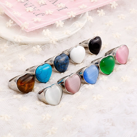 Heart Shaped Gemstone Ring Vintage Stainless Steel Cat Eye Stone Band Jewelry For Women Men Boho Style